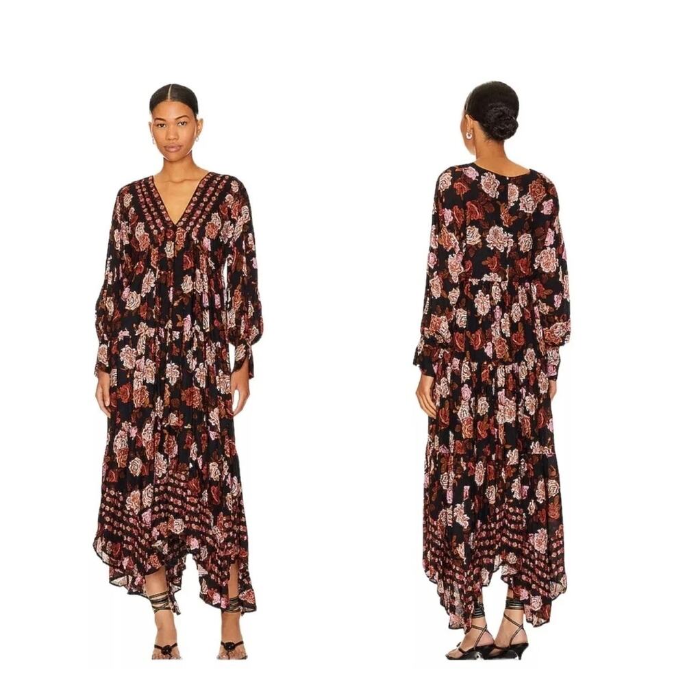 Free People Rows Of Roses Boho Maxi Dress Long Sleeve Empire Waist Small